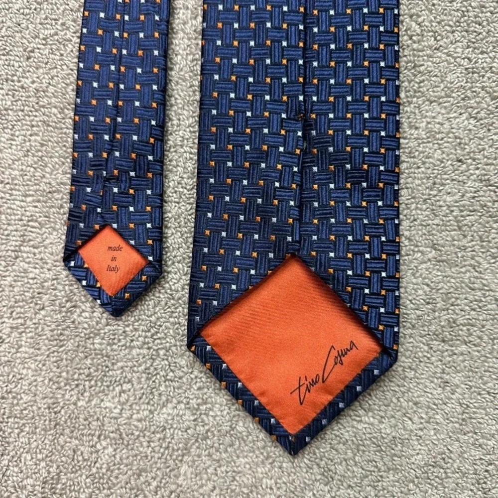 Tino Cosma Navy Blue Orange Geometric Basketweave Silk Tie Made in Italy